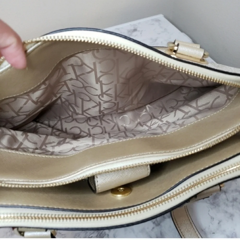 Calvin Klein Large Almond Monogram Satchel - Like New | Metallic Gold & Cream